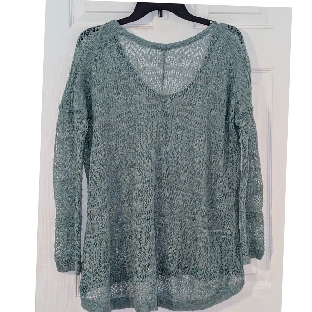 Free People Sage Green Linen Blend Open Knit V-Neck Oversized Sweater XS